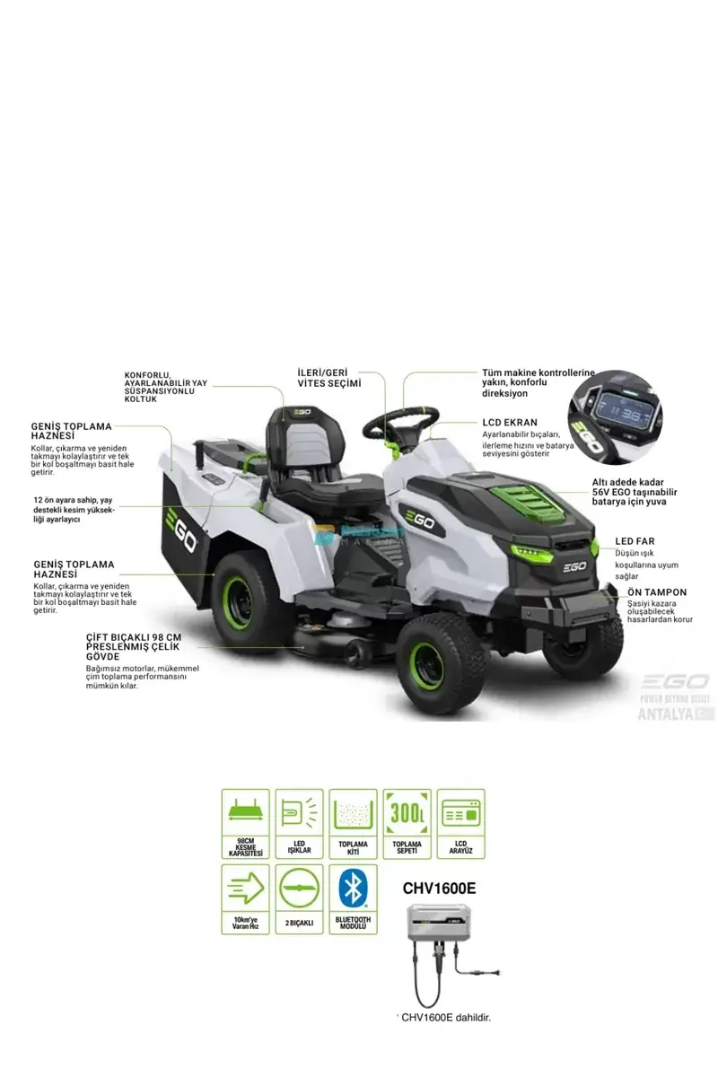 EGO TR3801E-B Oturaklı Akülü Çim Biçme Traktörü (98cm) Akü Hariçtir 2