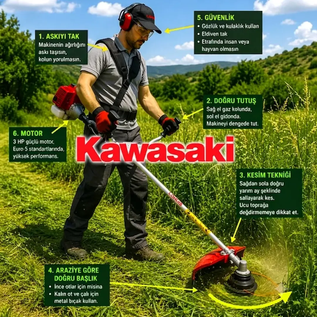 Kawasaki Lohuis TJ53E CG522 U Yan Tip Benzinli Motorlu Tırpan 3 Hp 2